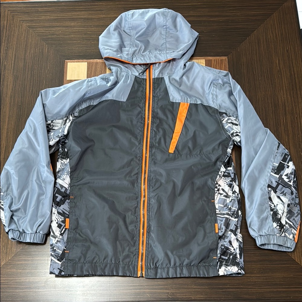 AQ Explore The Unknown boys hooded coat full zip orange/gray size M (10-12).